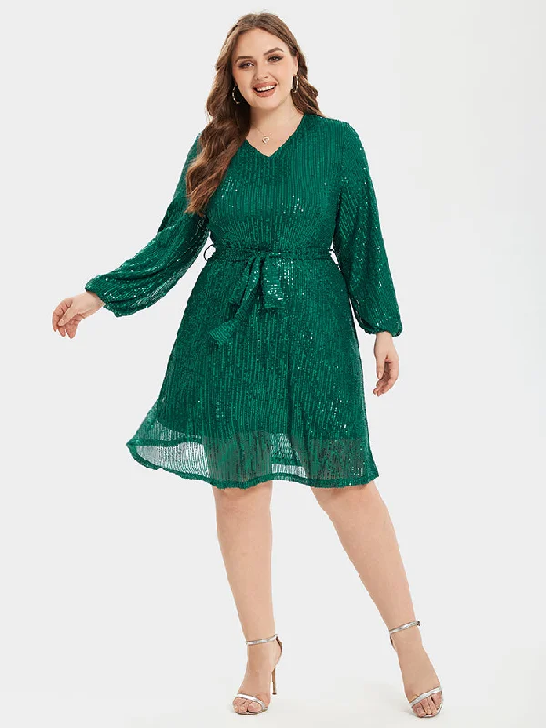 casual evening dressV-Neck Lantern Sleeve Belted Sequin Party Dress