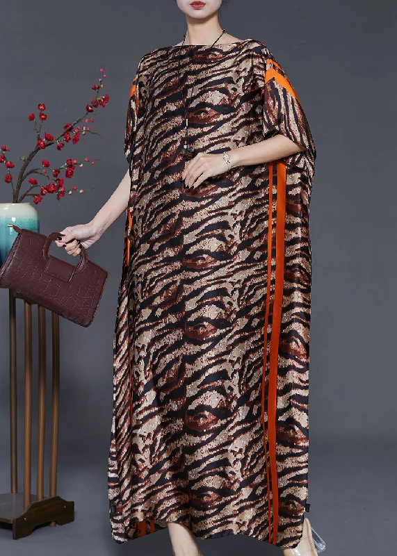 Value Deals Brown Leopard Print Silk Maxi Dresses Slash Neck Summer