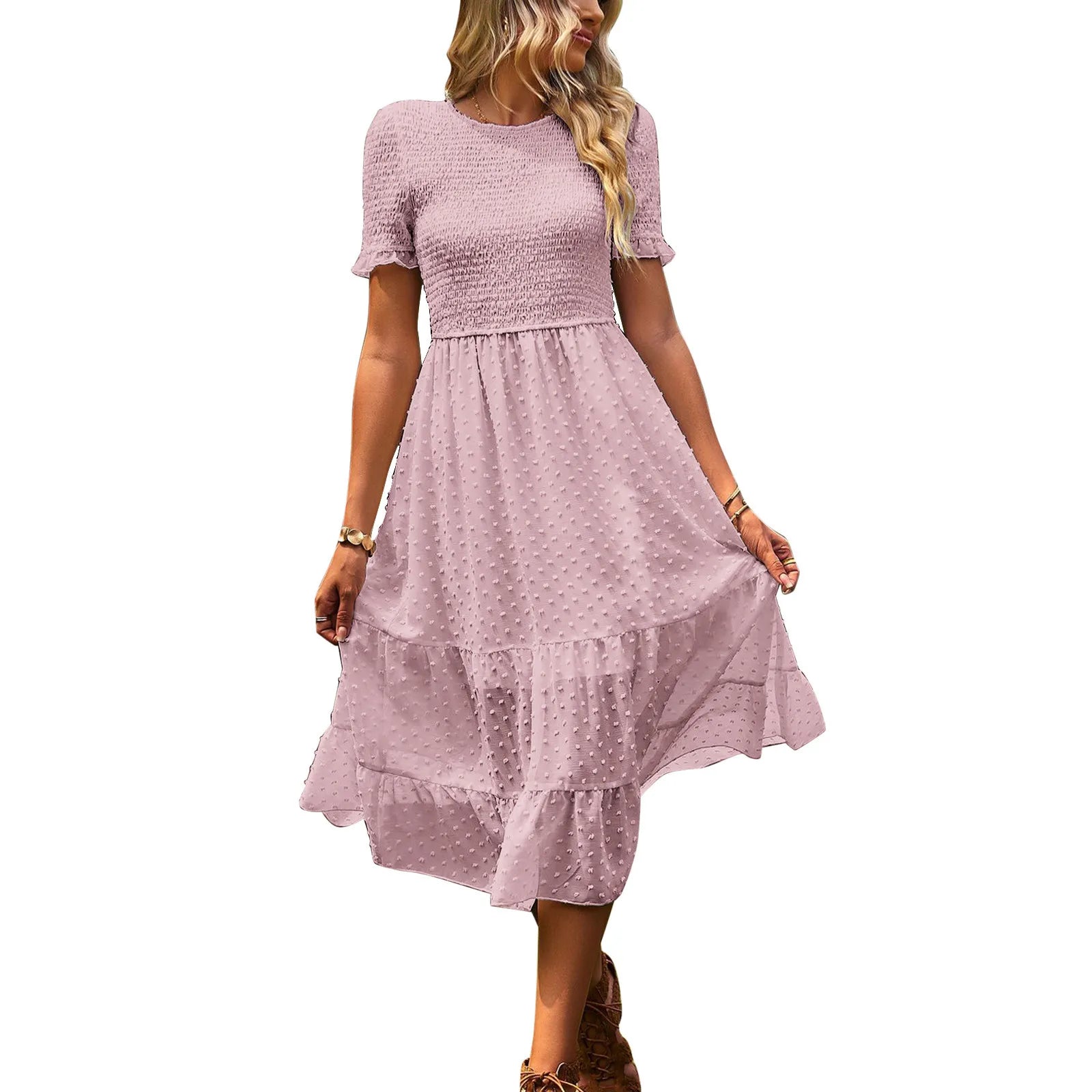 casual midi dressJuliaFashion - Women Casual Boho Short Sleeve Jacquard Smocked Midi Crew Neck Tiered Ladies High Waist Chiffon Summer Dress