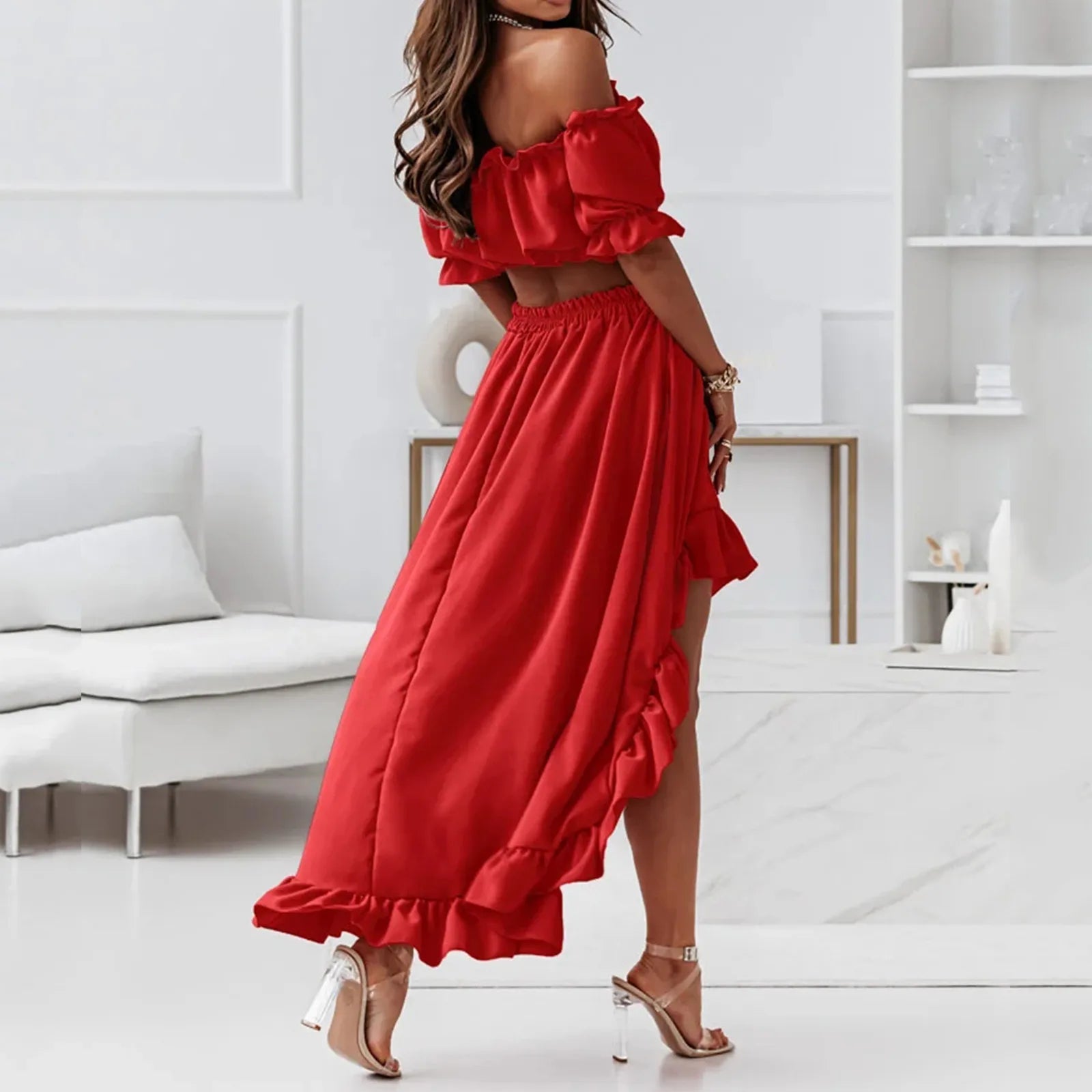 chic shift dressJuliaFashion - Women's New One-Piece Collar Party Ruffle Sexy Waistless Puff Sleeve Two-Piece Suit Long Maxi Female Vestidos Dress