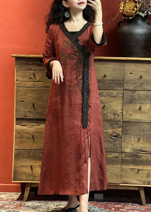 Flash Deals Vintage Red V Neck Embroidered Side Open Linen Dress Summer