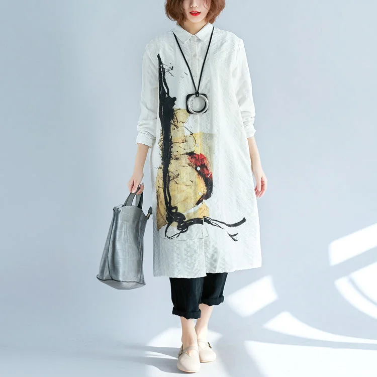 flowy maxi dressElegant white pure cotton shirt dresses plus size cotton dresses New long sleeve Turn-down Collar pockets cotton shirt dress