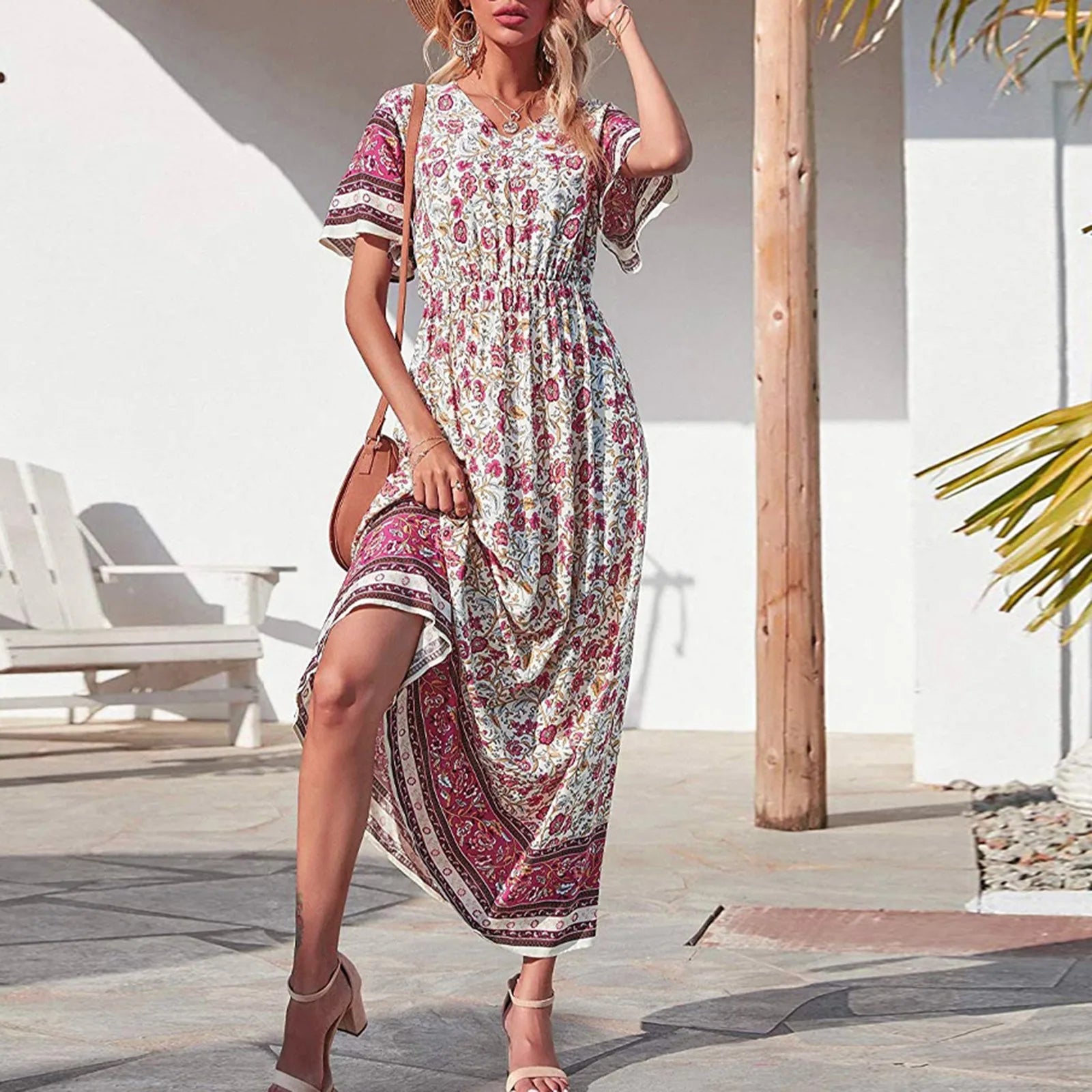 wrap dressJuliaFashion - Vintage Women Floral Beach Boho Maxi V Neck Short Sleeve Waisted Long Party Casual Ladies Summer Holiday Vestidos Dress