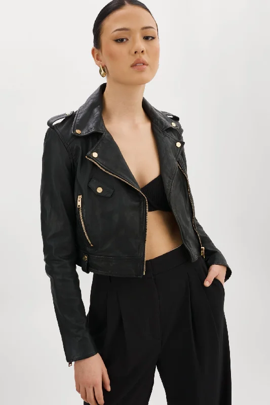 Flash Deals CIARA GOLD | Cropped Leather Biker Jacket