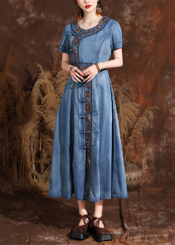 flowy dressHandmade Light Blue O-Neck Asymmetrical Embroidered Button Maxi Denim Dresses Summer