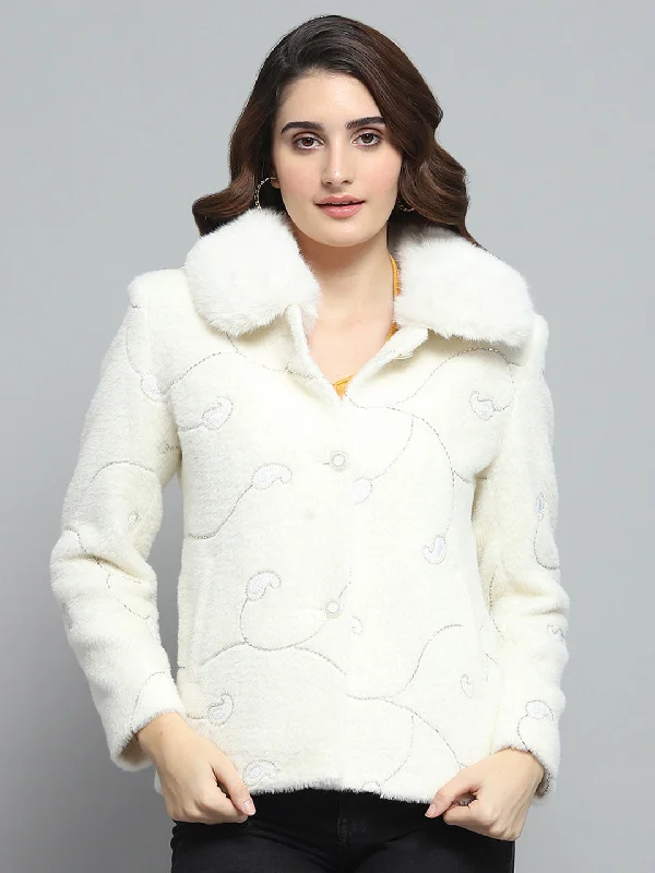 Overstock Women White Self Design Collar Full Sleeve Coat