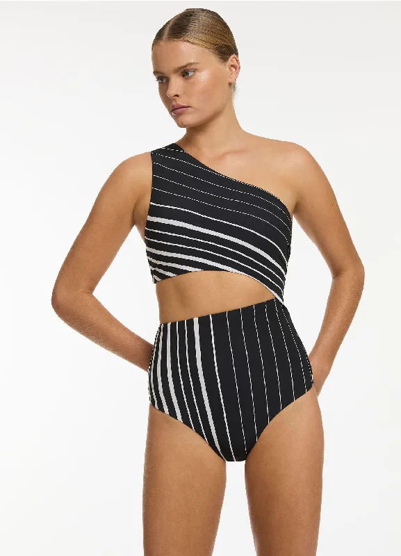 Take Advantage Lunar Stripe One Shoulder Cut Out One Piece - Black/Chalk