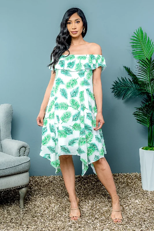 Super Sale Tropical Print Full Lining Elastic Neckline Swing Dress With Shark-bite Hemline (KD5972EY)