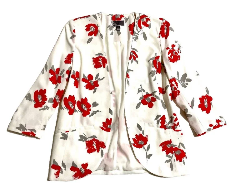Take Advantage Women's Floral Print Open Front 3 Quarter Sleeve Blazer In White