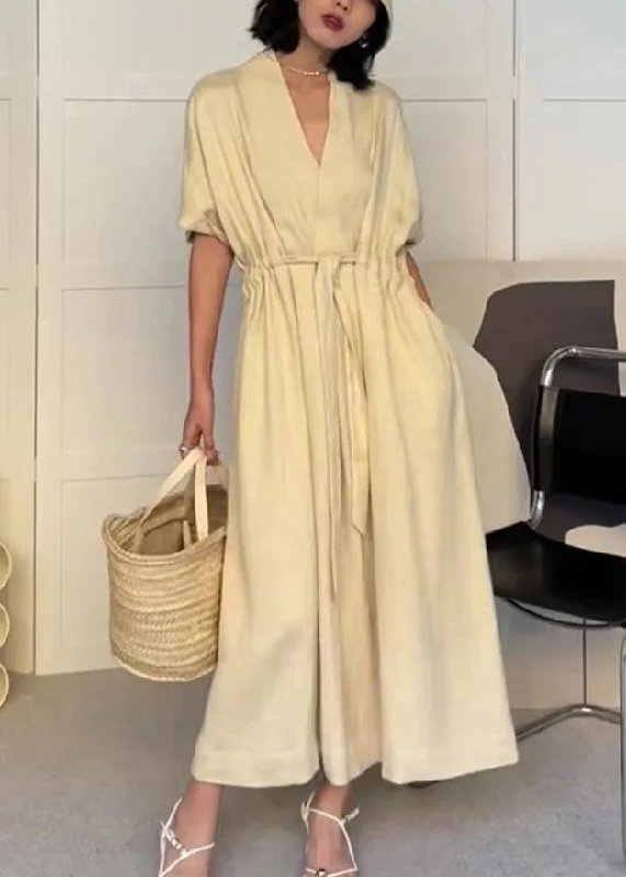 Unbeatable Prices Women White V Neck Drawstring Pockets Cotton Dress Summer