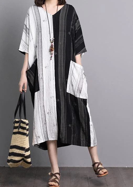 fitted bodycon dressBohemian black white patchwork linen dresses v neck pockets A Line summer Dress