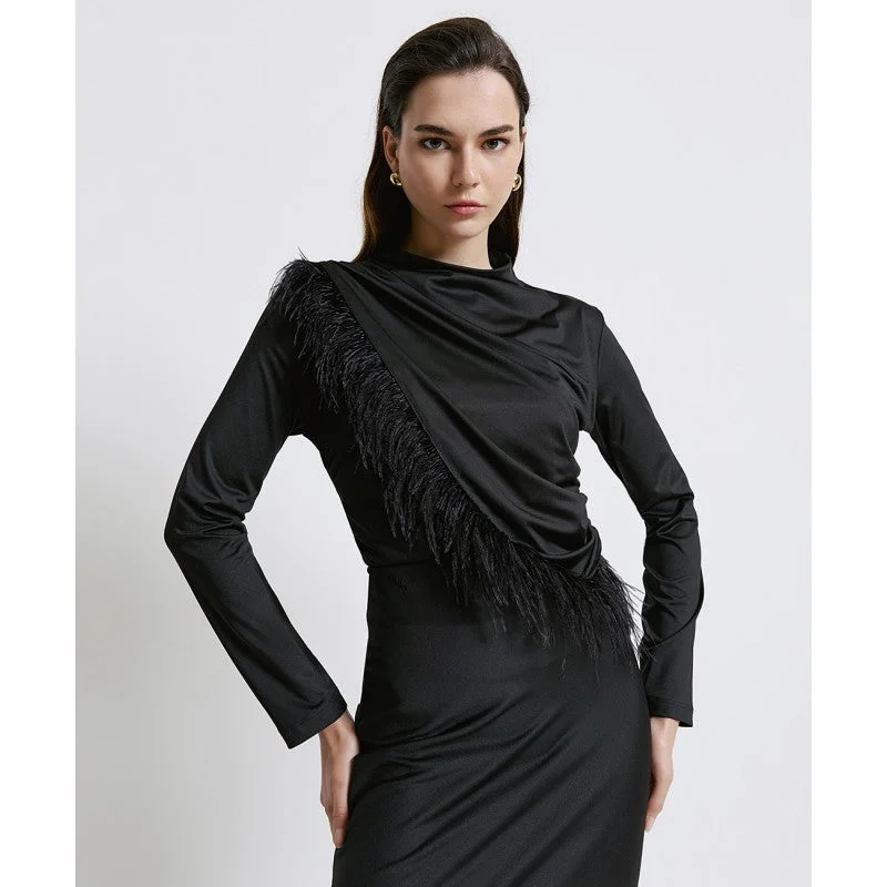 Online Only Acscess Fashion Black Feather Detail Top