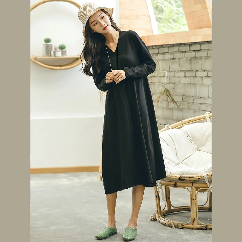 chic wrap dressfine black plus size fall dresses baggy casual V neck Jacquard dresses