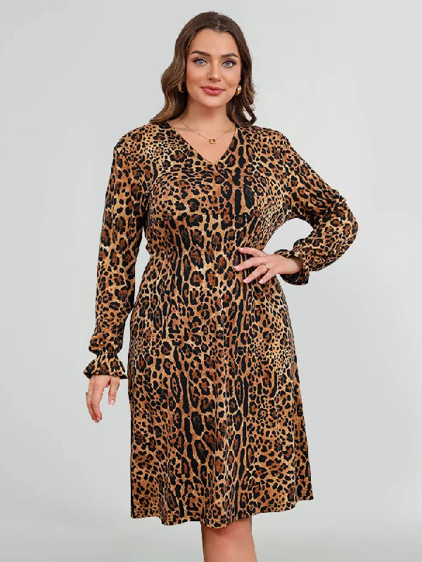 casual evening dressPlus Brown Leopard Print Satin V-Neck Ruffle Cuff Sleeve A-Line Midi Dress