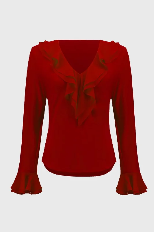 Deal Mania Joseph Ribkoff Lipstick Red Silky Knit And Chiffon Fitted Top