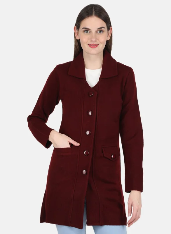 sporty jacketWomen Maroon Self design Coat