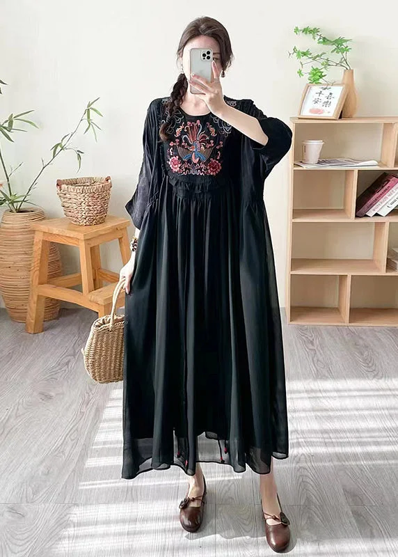 chic dressBoho Loose Black O Neck Embroidered Patchwork Silk Dress Summer