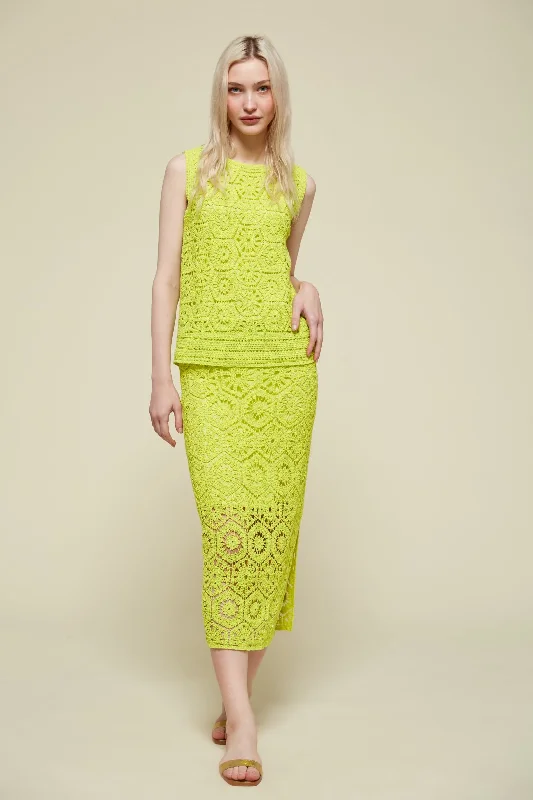 Early Access Van-Dos Lime Green Midi Crochet Skirt
