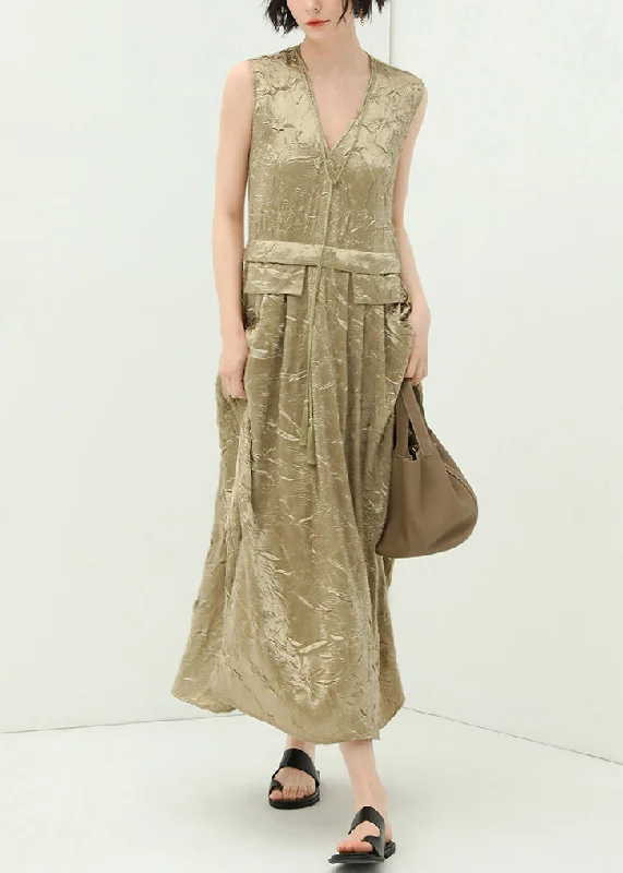 Limited Availability New Champagne V Neck Tasseled Silk Long Dresses Sleeveless
