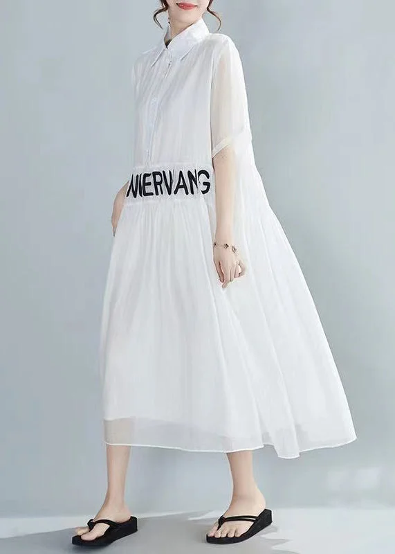 casual slip dressLoose White Peter Pan Collar Embroidered Silk Dresses Summer