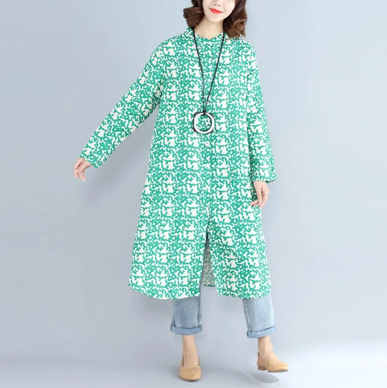 ruffle dress2018green print long cotton linen dresses plus size clothing Stand cotton linen gown casual long sleeve side open baggy dresses