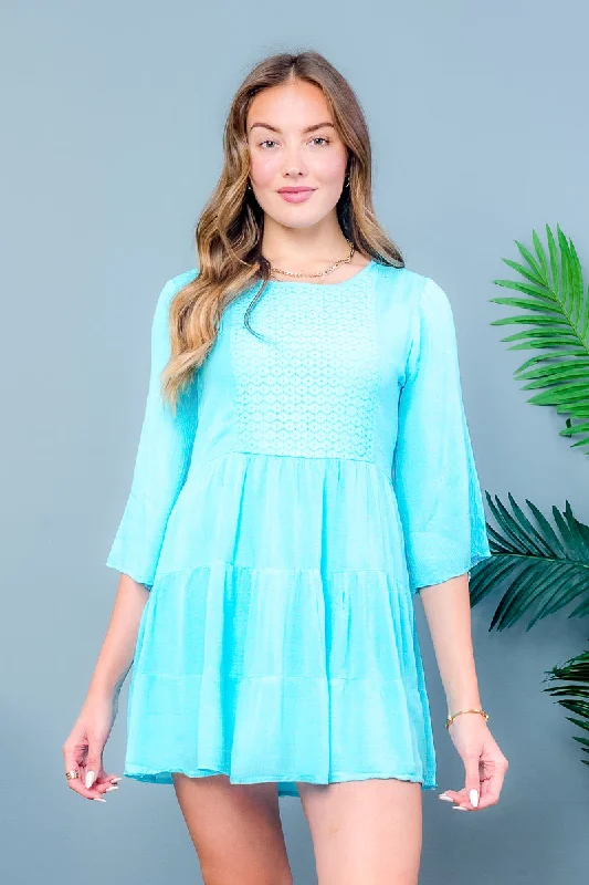 Stock Clearance 3/4 Sleeve Round Neck Bohemian Mini Dress With Lining (1087)
