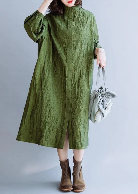 wrap-around dressFrench stand collar Cinched cotton tunics for women Outfits green Dress fall