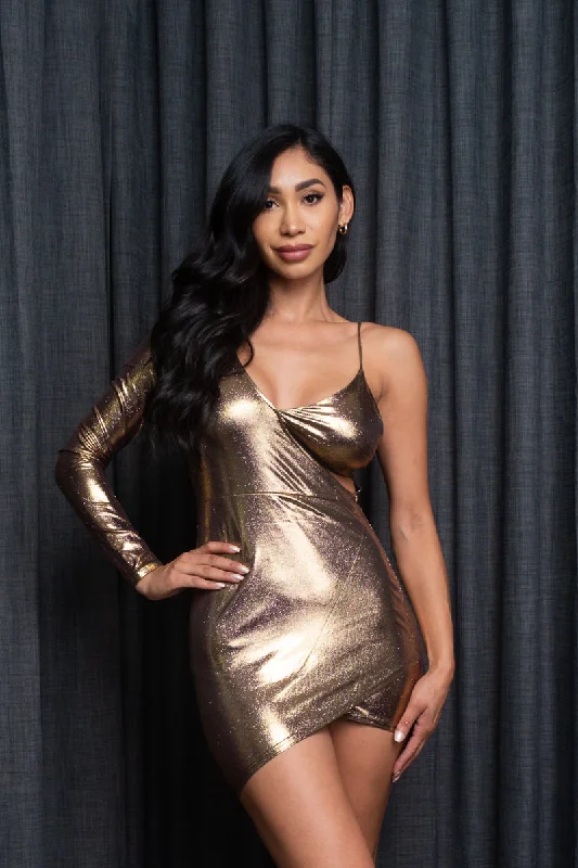 formal dressGilded Trophy One Shoulder V Neck Mini Dress with Asymmetrical Hem in Metallic Bronze (AD-8028)