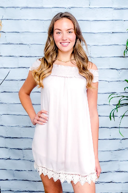 Exclusive Savings Off The Shoulder Mini Dress With lace Hemline and full lining* (8610)