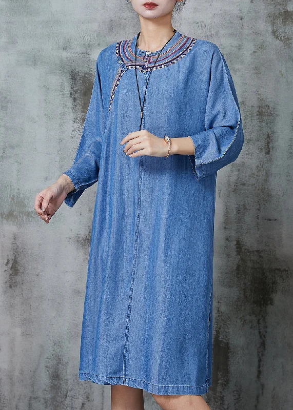 structured dressVintage Denim Blue Embroidered Side Open Dresses Summer