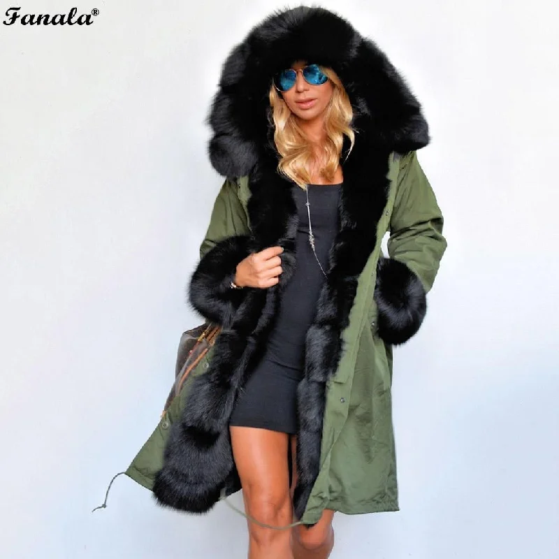 Don't Wait FANALA 2018 Fashion Women's  Faux Fur Lining Hooded Long Coat Parkas Outwear Army Green Large Raccoon Fur Collar Winter Jacket