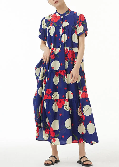 chic dressFrench Navy Button Print Cotton Long Dress Short Sleeve