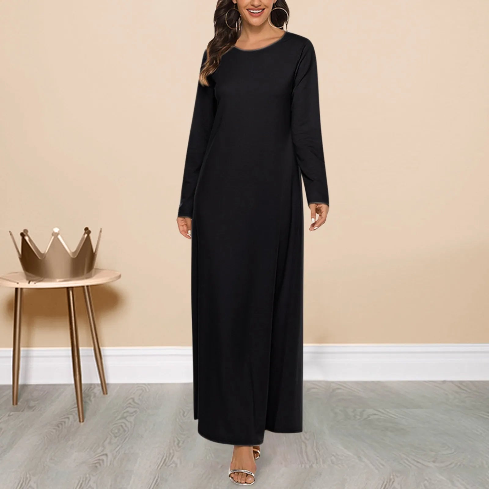 Best Seller JuliaFashion - Elegant Long 2024 Casual Solid Color Loose Muslim Abaya Islamic Round Neck Long Sleeve Under Dress