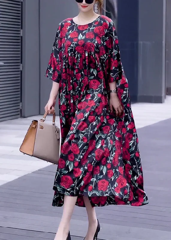 Don't Wait Loose Wine Red Print O Neck Silk Long Dresses Half Sleeve