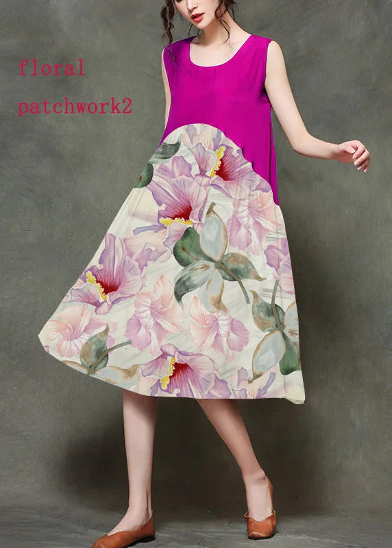 oversized dressCasual floral patchwork2 O-Neck Wrinkled Long Dresses Sleeveless