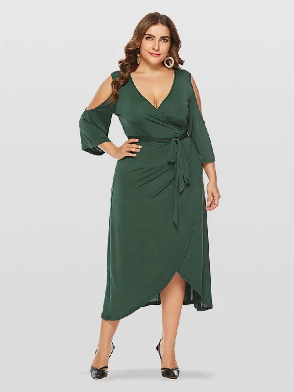 cocktail dressPlus Green V-Neck Cold Shoulder Wrap Ditsy Midi Dress