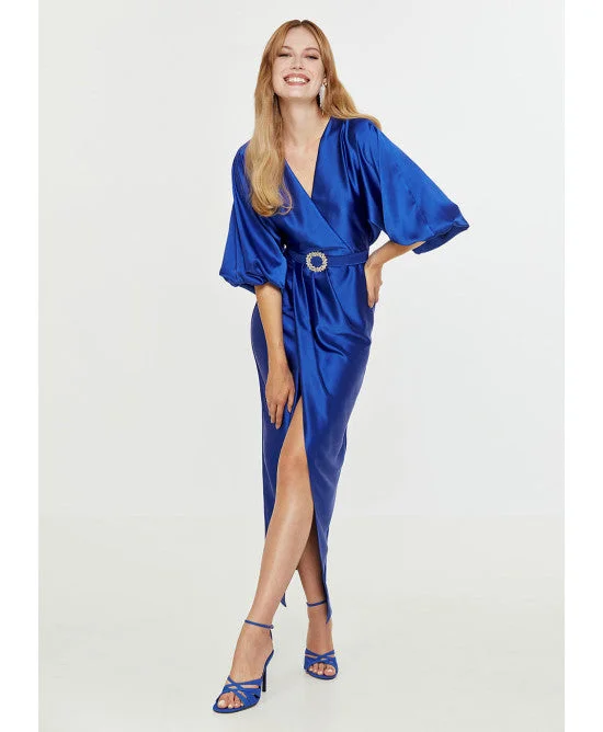 YEAR-End Sale Access Royal Blue Satin Wrap Draped Dress