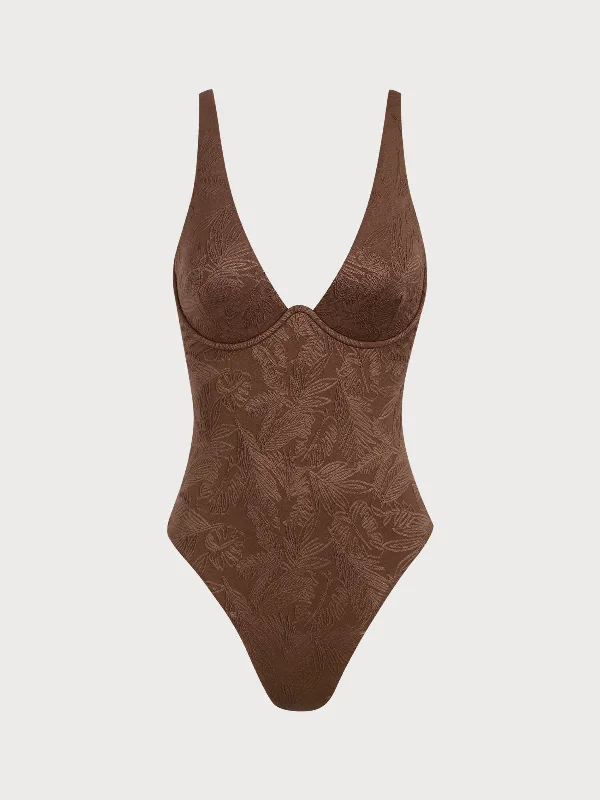 Warehouse Sale Coffee Jacquard Underwire One-Piece Swimsuit