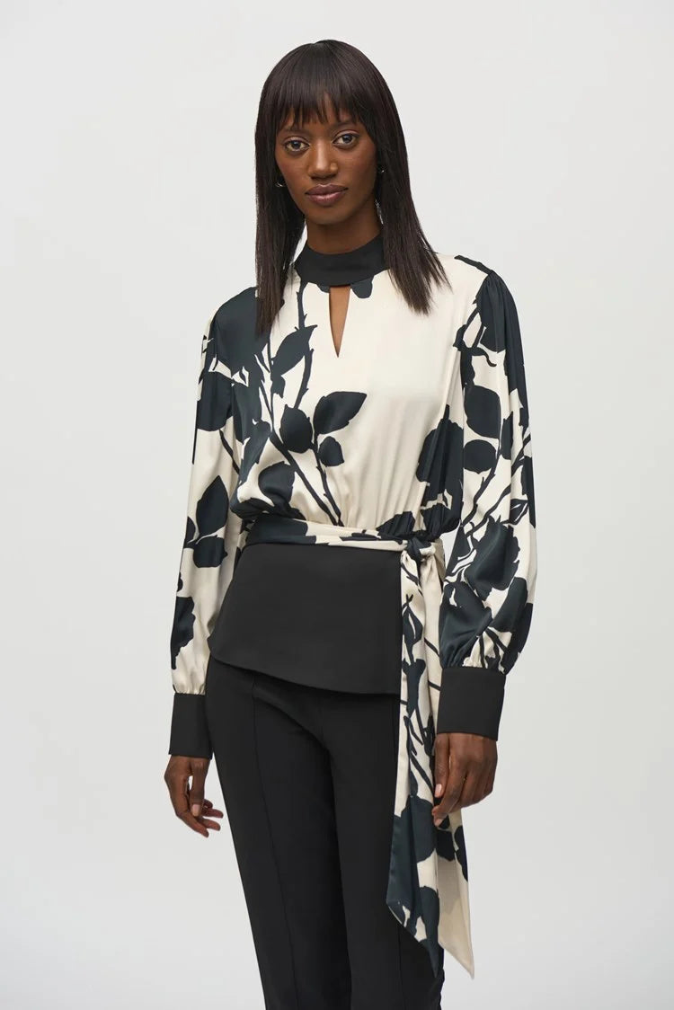 Weekend Deal Joseph Ribkoff Black/Moonstone Satin and Georgette Floral Print Top