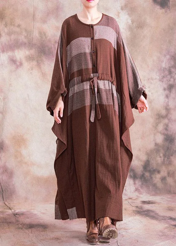 stylish dress100% o neck asymmetric linen clothes For Women brown plaid drawstring Dresses fall