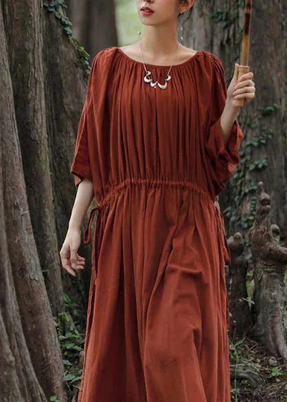 Discount Deals Unique Red O-Neck Drawstring Maxi Dresses Half Sleeve