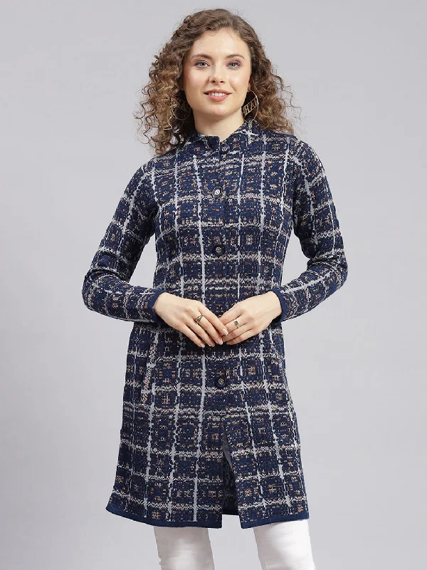 YEAR-End Clearance Women Navy Blue Jaquard Wool blend Knitted Coat