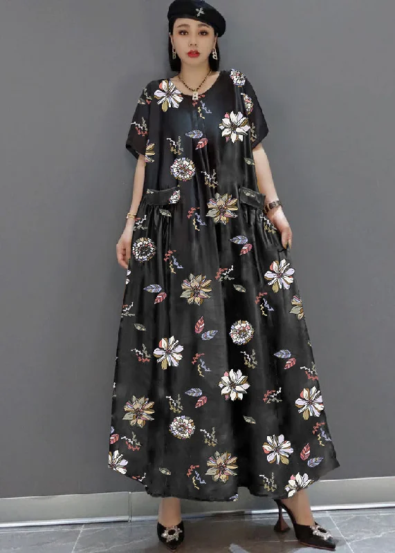 summer dressloose black-flower O-Neck Print Satin Maxi Dress Summer