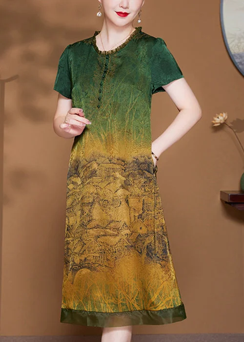 Exclusive Savings French Green Ruffled Pockets Patchwork Silk Dress Summer