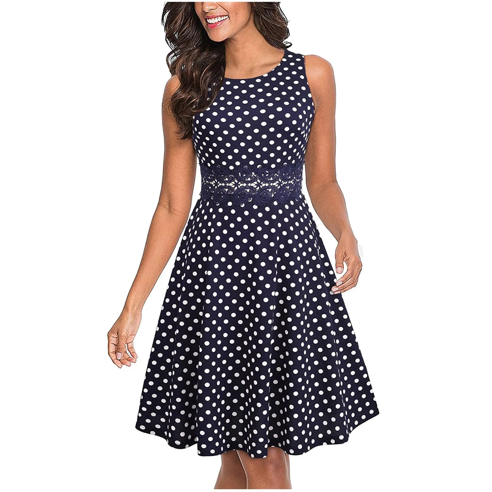 Act Now JuliaFashion - Women Vintage Polka Dot A Line Casual Round Neck Summer Elegant High Waist Patchwork Sleeveless Tunic Party Swing Dress