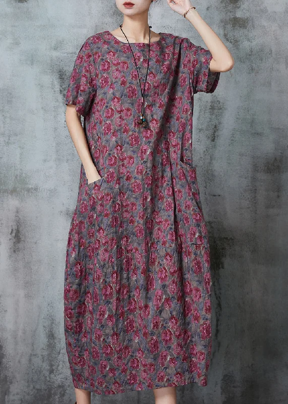 stylish party dressHandmade Purple Oversized Print Linen Dresses Summer