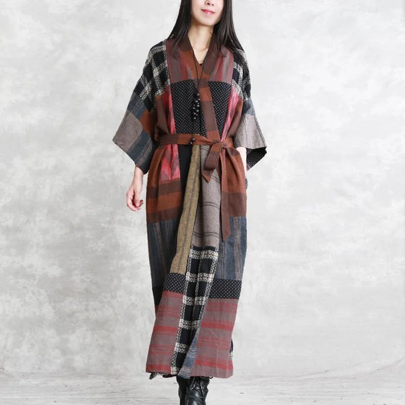 v-neck dress2024 gray autumn linen dress oversize patchwork traveling clothing women long sleeve tie waist autumn dress