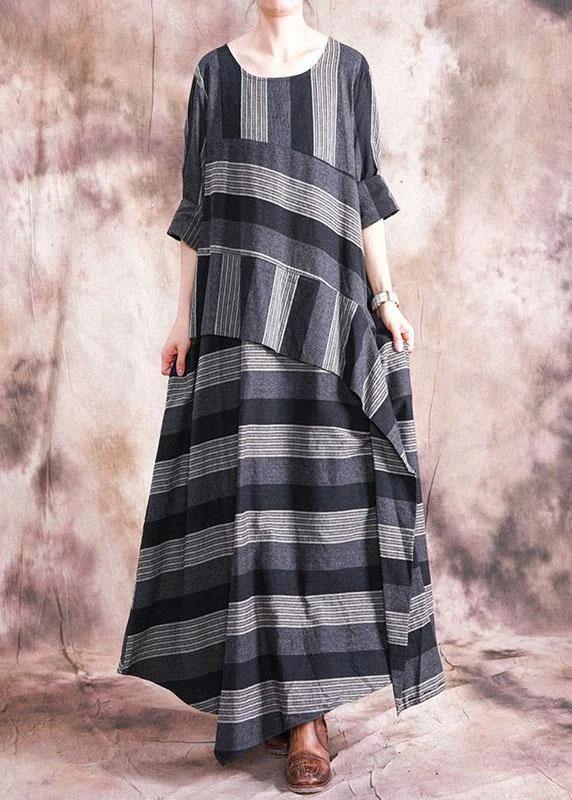 stylish dressWomen patchwork linen clothes Sewing gray striped Dress fall