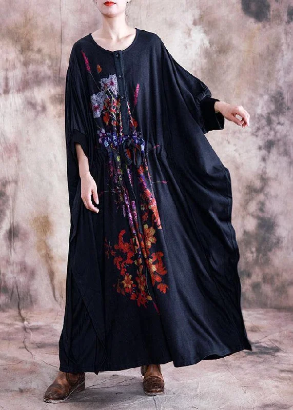 boho-chic dressElegant black print cotton dress o neck asymmetric fall Dress