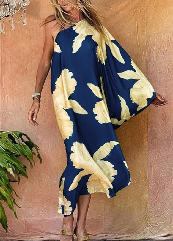 Blowout Deals Chic Blue Asymmetrical One Shoulder Print Cotton Dresses Long Sleeve